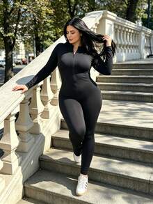 Plus Size Women's Fleece Lined Jumpsuit, Solid Black Zipper Stand Collar Long Sleeve High Elastic Slim Fit Jumpsuit - Black - View 6