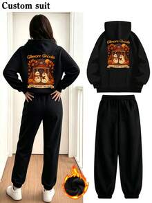 Customized Personalized Autumn/Winter Women's Hooded Sweatshirt & Joggers Set 2 Pieces - Upload Text/Name/Number/Anniversary Date, Add Your Own Photos (Family Photo/Selfie/Pet Photo/Text Image/Logo) To Design Your Personalized Outfit, Personalized Set, Customized Unique Women's Sportswear - Black - View 2