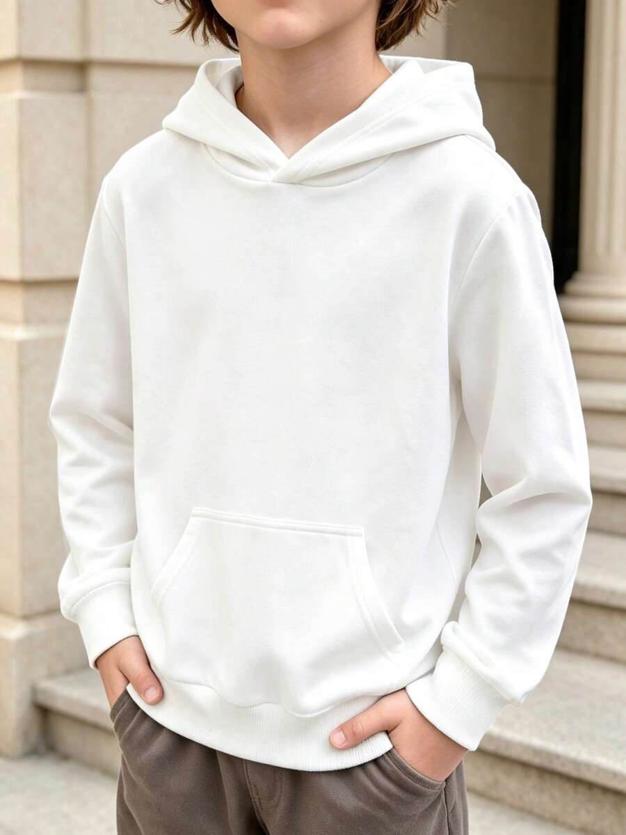 Sudadera blanca sólida clásica y casual versátil para niño preadolescente, adecuada para usar en capas o sola - Blanco - Ver 1