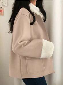Women's Autumn/Winter Wool Blend Short Jacket, Long Sleeve Patchwork Faux Fur Collar Jacket, Front Button Pocket Design, Casual Versatile Outerwear - Beige - View 9