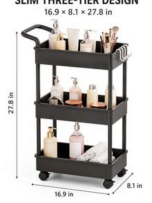 1pc Large Capacity Multi-Layer Classification Flexible Mobile Sturdy Durable Premium Carbon Steel & Thickened Plastic Beauty Salon Multi-Function Storage Cart With 4 Hooks & 2 Hanging Storage Boxes, Elegant Black Minimalist Style, Rectangular, 3-Layer Deep Basket Design, Raised Guardrail, Rounded Edges, Integrated Push-Pull Handle, 4 Universal Swivel Casters, Stable Load-Bearing, Smooth Movement, Prevents Items From Falling, Suitable For Storing Aromatherapy Essential Oils, Towels, Brushes, Body Lotions - View 10