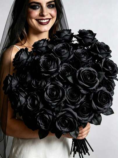 30pcs/20pcs/1pc Matte Black Long Stem Artificial Silk Rose Bendable Fake Dark Rose Stem, UV Waterproof Non-Fading, Indoor Outdoor Gothic Floral Decor, For Halloween Gothic Wedding Party Kitchen Classroom Vase Balcony Bedroom Wall Garden Photo Props