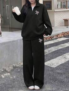 2 Pieces Set For Young Women And Girls, Half-Zip Sweatshirt With Pink Bow Print And Wide-Leg Pants, Loose Fit Stand Collar Sweatshirt And Loose Wide-Leg Pants Matching Set, Suitable For Autumn/Winter Daily Wear - Black - View 1