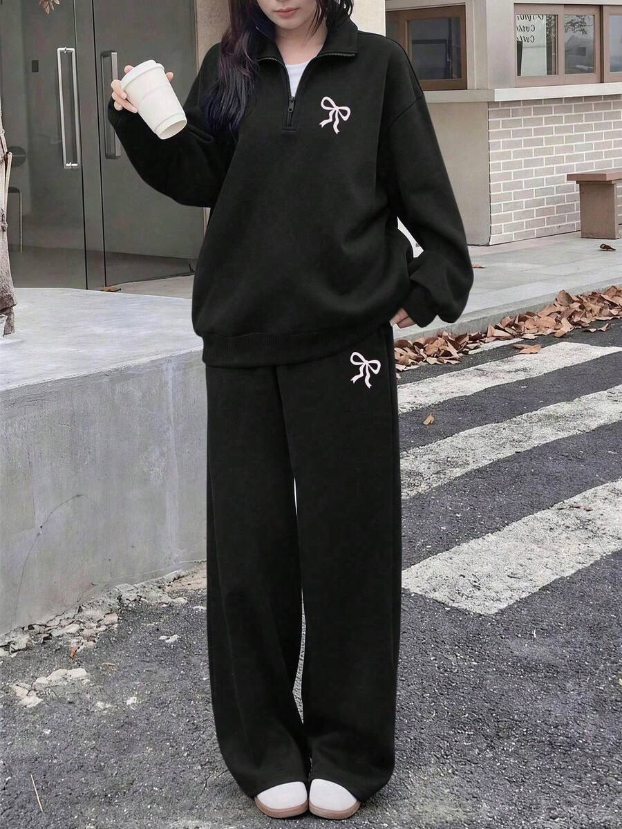2 Pieces Set For Young Women And Girls, Half-Zip Sweatshirt With Pink Bow Print And Wide-Leg Pants, Loose Fit Stand Collar Sweatshirt And Loose Wide-Leg Pants Matching Set, Suitable For Autumn/Winter Daily Wear - Black - View 1