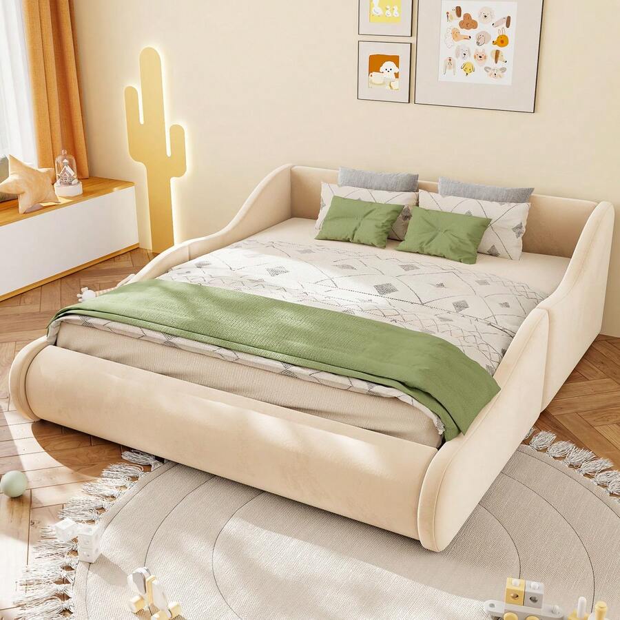 Upholstered Kids' Bed 90*200, Soft Velvet Bed With High Headboard And Side Rails, Integrated Mattress, Elegant Beige Color, Modern Single Bed - Beige + Upholstered + 140cm*200cm - View 1
