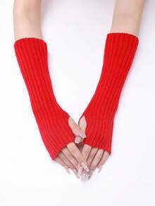 1pair Teen Girls Stretchy Ruched Knit Long Arm Cuffs, Solid Color Fingerless Hand Warmers For Party & Street Styling - 1Pair - View 3