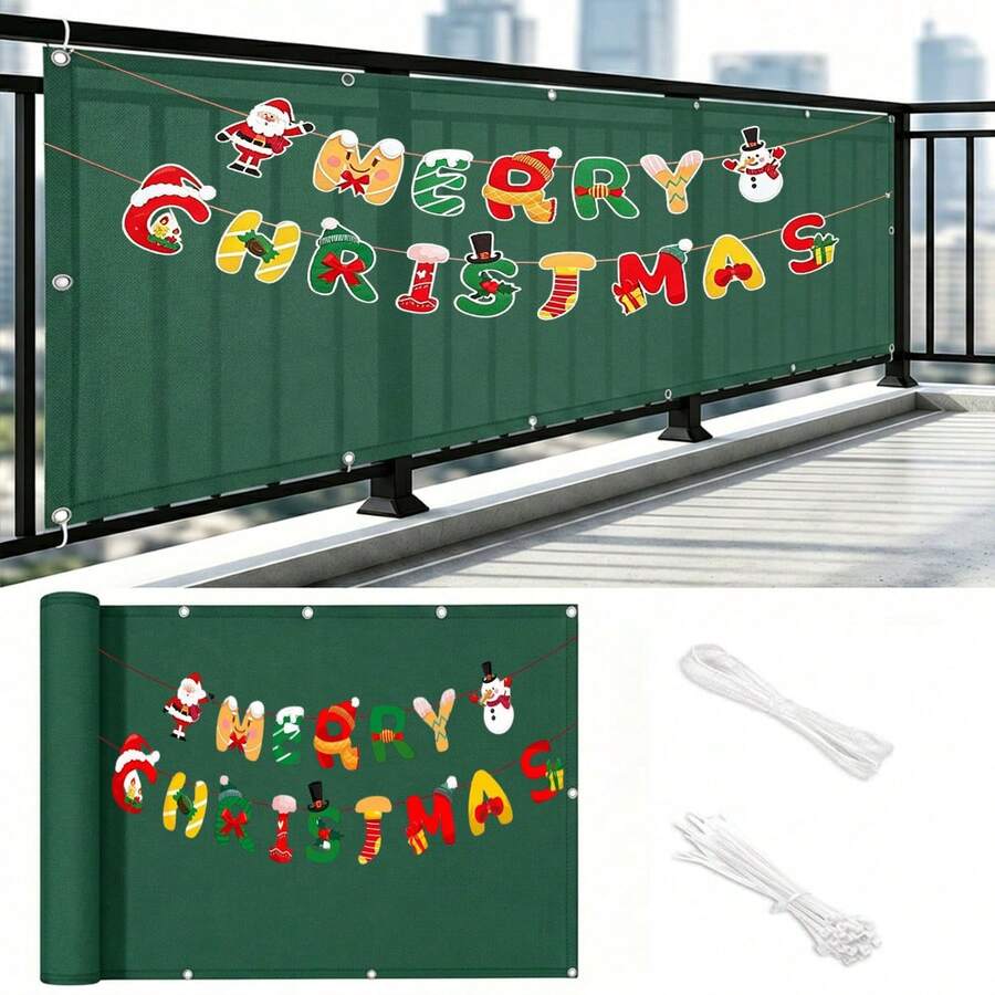 Balcony Fence Fabric, Christmas DIY Yard Decor, Balcony Railing Privacy Screen + Detachable Christmas Bunting, Reusable Porch & Fence Cover Decoration With Rope Ties, Green - Multicolor - View 1
