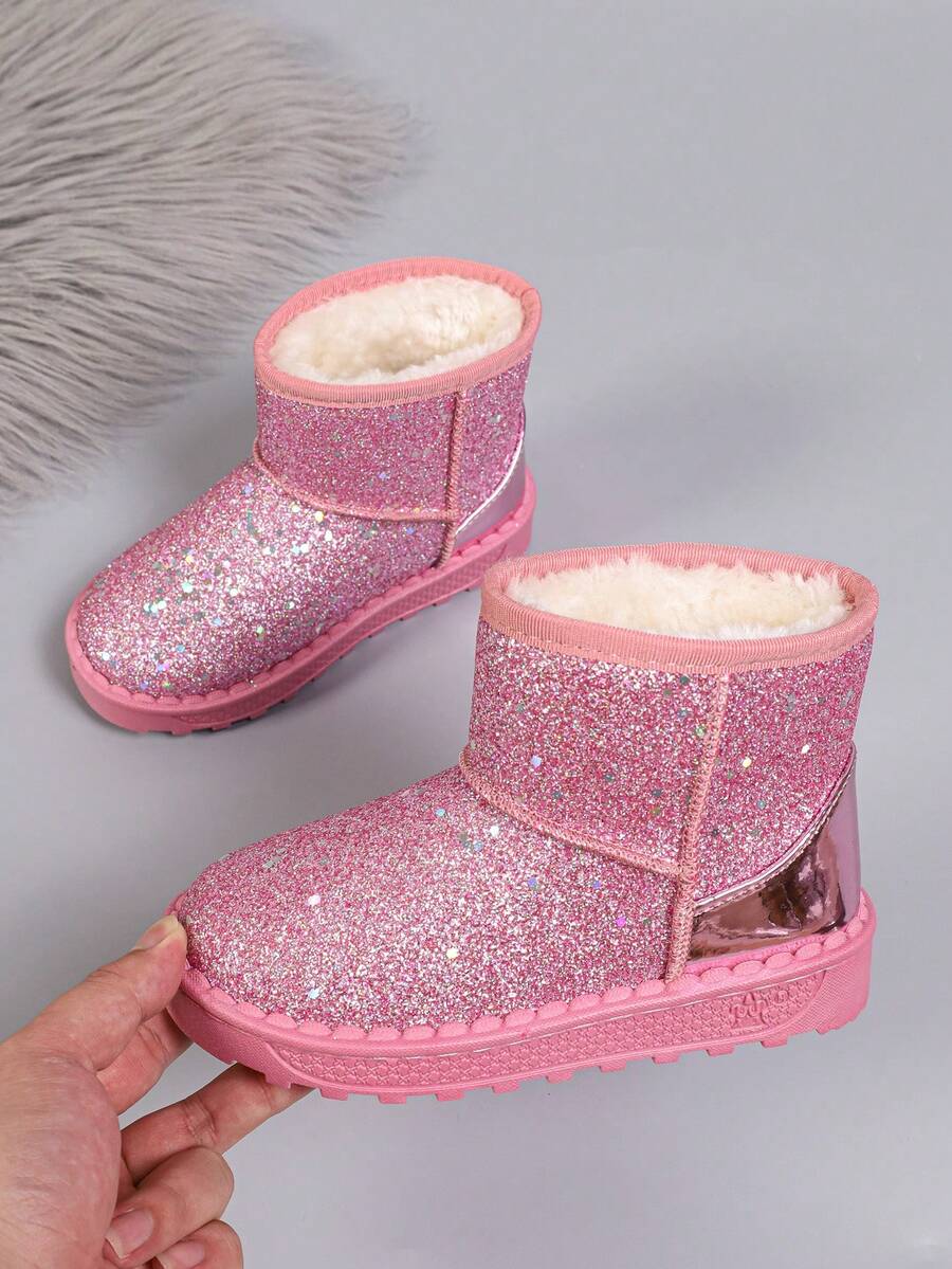 Girls' Sequin Winter Snow Boots, Shiny Sequin Upper, Thick Fleece Lining, Non-Slip Short Ankle Boots, Suitable For Children - Pink - View 1