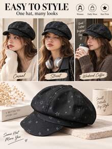 1pc Vintage Fashion Versatile Star Beret Hat, Large Head Circumference, Face-Flattering, Versatile Small Octagonal Hat - A - View 2