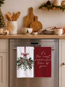 2pcs Christmas Bow Holly Text Illustration Pattern Kitchen Towels, Soft Polyester Material Dish Cloths, Suitable For Kitchen Decor, Kitchen Cleaning, Holiday Party Decoration, Kitchen Bathroom Supplies Home Essentials, Home Decor, Housewarming Gift - Multicolor - View 2