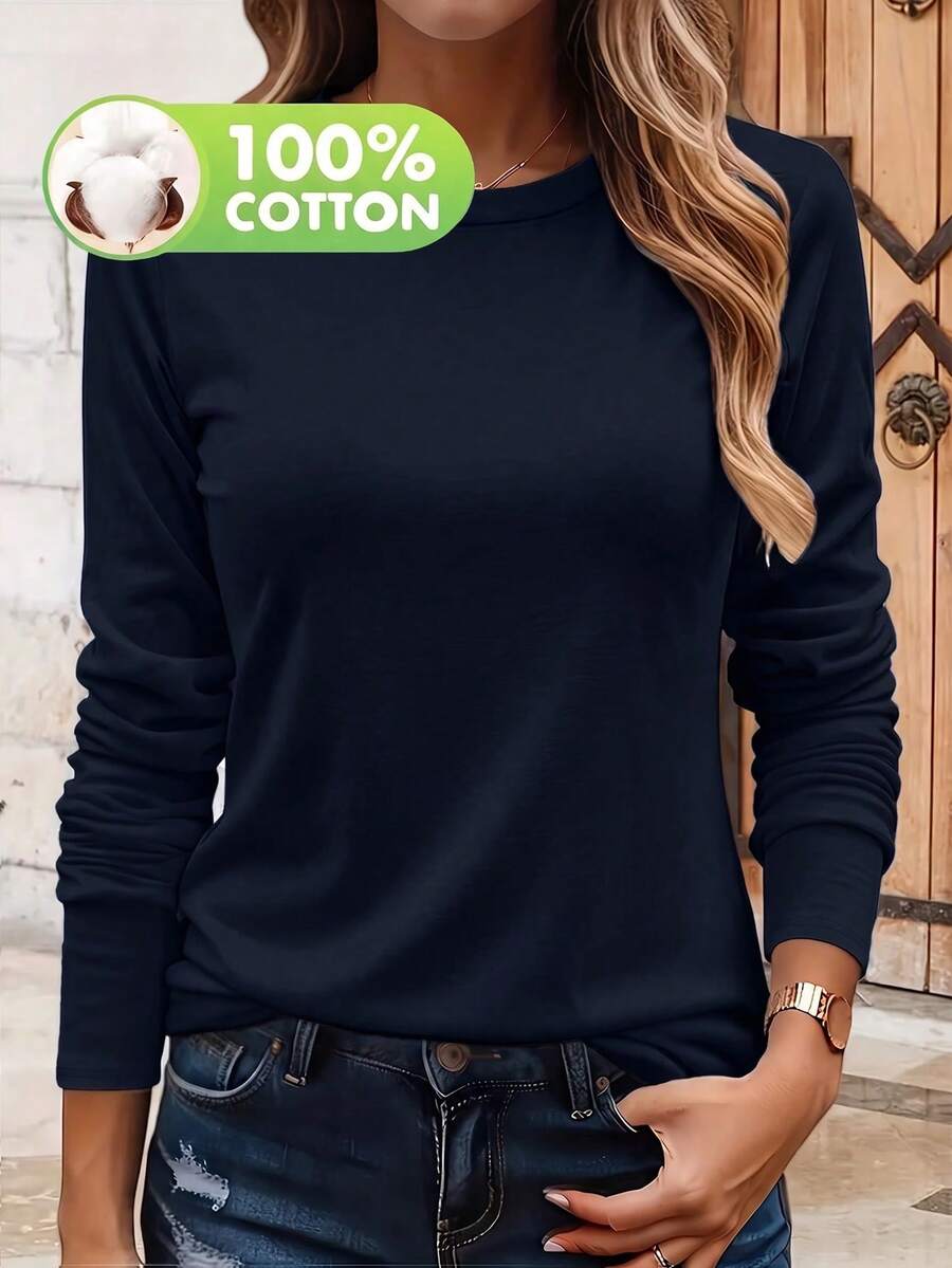 Women's Casual Round Neck Long Sleeve T-Shirt Top For Spring/Autumn/Summer - Navy Blue - View 1