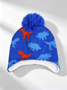 1PC Little Kids Jacquard Knit Earflap Beanie, Dinosaur Pattern Pom‑Pom Hat For Boys Casual Outdoor Outfits - 1PC - View 7