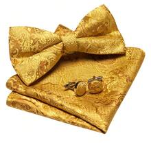 4Pcs Men Yellow Tropical‑Plant Jacquard Bow Tie Pocket Square Cufflinks Brooch Set For Wedding Business Party - Yellow - View 4