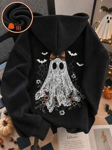 [Halloween] 1 Peça Moletom com Forro de Fleece Grosso e Quente com Estampa de Fantasma & Abóbora para Meninas Adolescentes, Roupa Infantil Estudantil, Adequado para Menina Pré-Adolescente Outono/Inverno Manga Longa - Preto - Visão 1