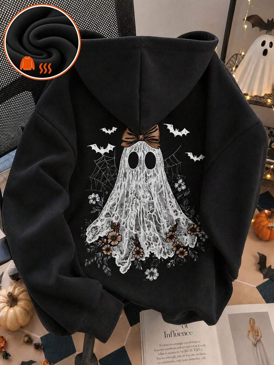 [Halloween] 1 Peça Moletom com Forro de Fleece Grosso e Quente com Estampa de Fantasma & Abóbora para Meninas Adolescentes, Roupa Infantil Estudantil, Adequado para Menina Pré-Adolescente Outono/Inverno Manga Longa - Preto - Visão 1