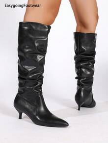 Women's Solid Color Ruched High-Top Knee-High Boots, Pointed Toe Stiletto Heel Slouchy Boots - Black - View 6