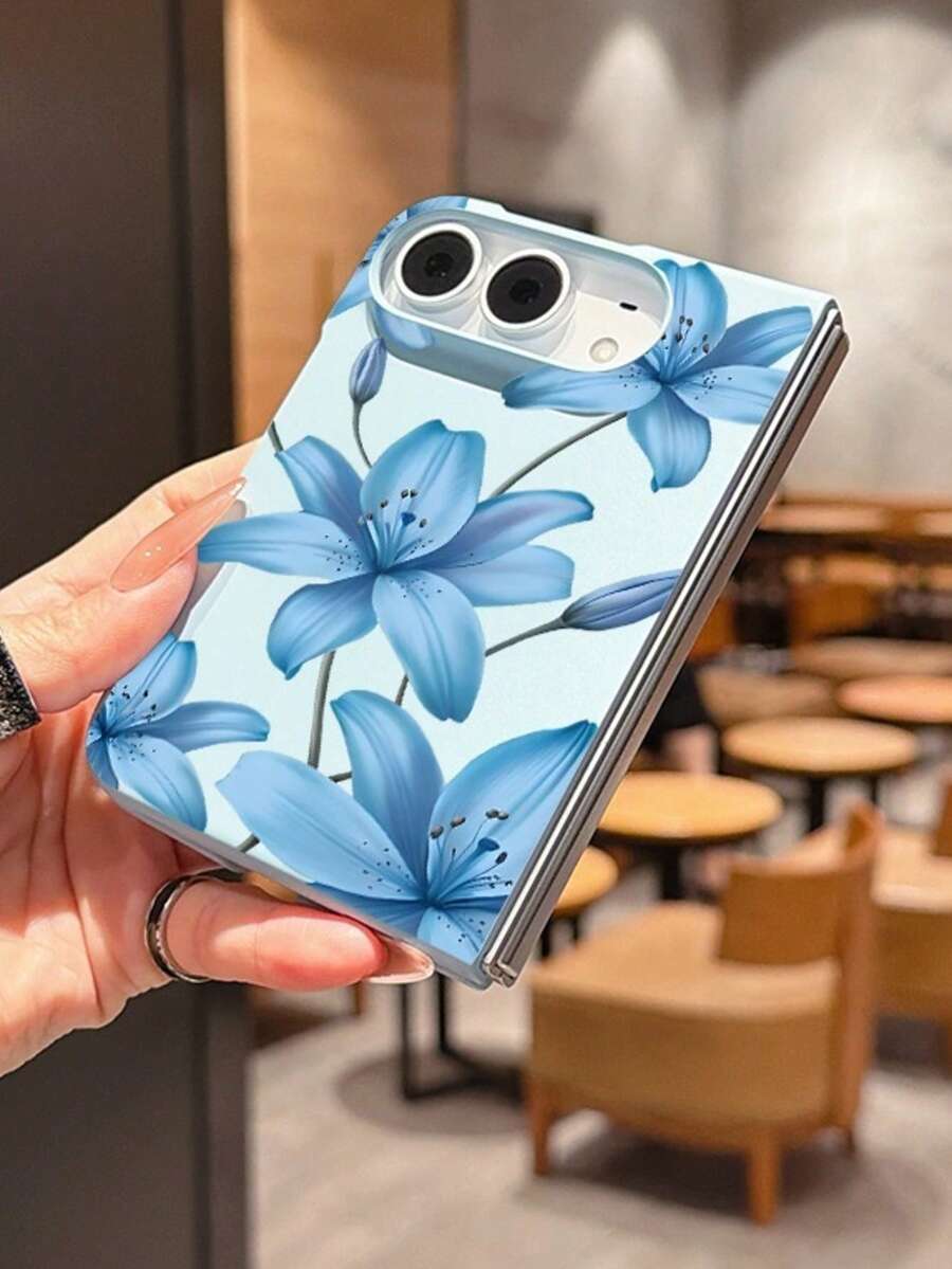 1pc Fashionable Cute Simple Skin Feel PC Material Lily Flower Element Folding Phone Case, Can Protect And Prevent Falling For:SamsungGalaxy Z Fold 8/IPhoneDuo - Baby Blue - View 1