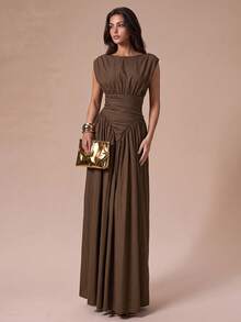 Elegante y Chic Vestido Maxi Línea A con Manga Corta, Fruncido y Cintura Retorcida en Color Marrón para Vacaciones, Fin de Semana, Citas, Fiestas, Otoño y Salidas - Marrón - Ver 7