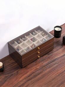1pc Luxury Black Walnut Wood Jewelry Box, 3-Layer Wooden Jewelry Storage Box, Drawer-Style Jewelry Box, Transparent Acrylic Jewelry Storage Box, Classic Style - Multicolor - View 10
