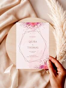 Customized Wedding Preview Invitations For Newlyweds, Featuring A Double-Layered Reddish-Brown Polygonal Line Frame Paired With Hand-Painted Pink-Purple Rose Twig Floral Embellishments Above And Below. The Soft, Nude-Pink Ink Wash Gradient Serves - Multi-color 2 - View 8