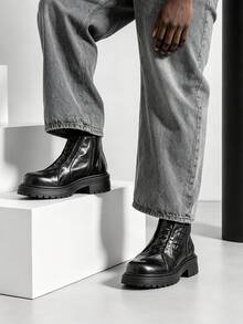 Vintage Pleated Thick Sole Men's Ankle Boots Niche Distressed Side Zipper Work Boots Height-Increasing Non-Slip Chunky Heel Boots Fashion Derby Boots Retro Chelsea Boots - Black - View 6