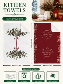 2pcs Christmas Bow Holly Text Illustration Pattern Kitchen Towels, Soft Polyester Material Dish Cloths, Suitable For Kitchen Decor, Kitchen Cleaning, Holiday Party Decoration, Kitchen Bathroom Supplies Home Essentials, Home Decor, Housewarming Gift - Multicolor - View 3