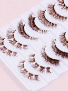 10 Pairs Mixed Brown Full Band False Eyelashes, 5 Natural Thin Designs, Soft & Lightweight Handmade, Reusable Comfortable Upper Lashes, Suitable For Daily & Party Eye Makeup - Brown - View 2
