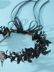 Dark Forest Witch Bird Skull Crown Headband, Black Leaves, Red Rhinestone Chain, Brown Vines, Gothic Style, Halloween Cosplay Wedding Party - Black - View 5