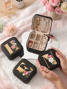Letter PU Leather Portable Travel Jewelry Storage Box For Women, Stores Necklaces And Rings,Gift Ideas,Suitable For Home Storage And Commuting. - Flowers Letter 2 - View 4