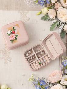 Letter PU Leather Portable Travel Jewelry Storage Box For Women, Stores Necklaces And Rings,Gift Ideas,Suitable For Home Storage And Commuting. - Flowers Letter 2 - View 70