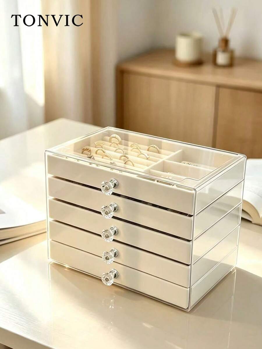 TONVIC 1pc 3-Compartment 5-Layer Velvet Jewelry Storage Box, Necklace Earring Ring Jewelry Organizer, Large Capacity Portable Bathroom Storage Box, Desktop Storage Drawer, Stackable 3-Layer Acrylic Velvet Jewelry Box - Multicolor - View 1