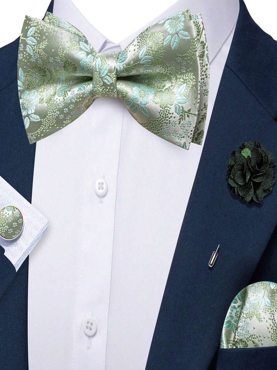 4件組男士薄荷綠小碎花提花領結口袋巾袖扣胸針套裝,適用婚禮商務派對 - 薄荷綠 - 查看 1