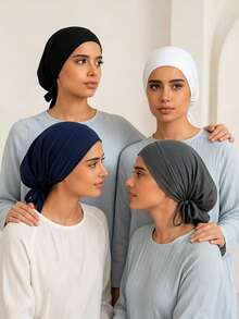 4pcs Women's Solid Color Elastic Band Adjustable Beanie Cap, Chemotherapy Hat, Scarf Liner Inner Cap - 1#Black White Dark Grey Navy Blue - View 4