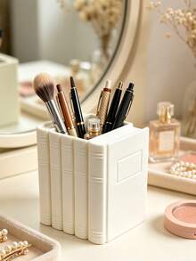 Creative Book-Shaped Makeup Brush Holder, INS Light Luxury Vanity Lipstick & Eyebrow Pencil Storage Box, Office Desk Pen Holder Stationery Organizer, Highly Attractive Desktop Storage - White - View 8