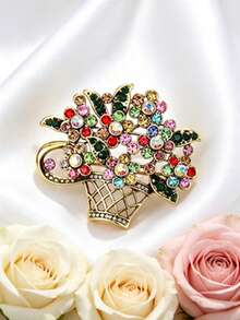 1pc Colorful Exaggerated Flower Basket Brooch, Vintage Elegant Brooch Pin, Unisex, Suitable For Ceremonies, Parties, Daily Wear, Classic Lapel Accessory - Multicolor - View 5