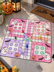 1件可愛粉色萬聖節方形聚酯纖維 Ludo 棋盤遊戲墊，幽靈、黑貓、南瓜、蝙蝠、糖果、星星與月亮印花，4人玩家 START/HOME 遊戲盤，含1袋遊戲配件，適用萬聖節派對、家庭遊戲與室內娛樂 - 多色2 - 查看 20