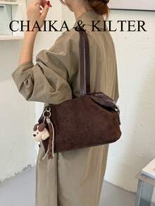 CHAIKA & KILTER 1件磨砂麂皮布料女款復古休閒大容量托特包 大學生書包 拼接縫線鉚釘裝飾 雙手柄設計 拉鍊開合 適合日常購物使用（附吊飾） - 咖啡 - 查看 8