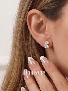 1 Pair Women's Teardrop Gold-Plated White Zirconia Earrings Jewelry, Suitable For Engagement, Wedding Anniversary, Birthday Gifts - Gold - View 3