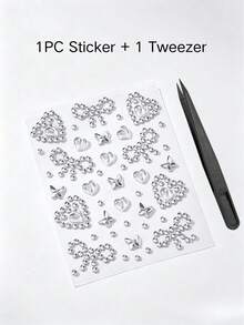 1pc Silver Cool Rhinestone Decor Sticker, Computer Phone Decorative Sticker, Comes With Tweezers, Cold Silver Heart Butterfly Faux Rhinestone Decor Sticker, Compatible With Phone Case, Tablet, Earphone Case - Heart Bow - View 6