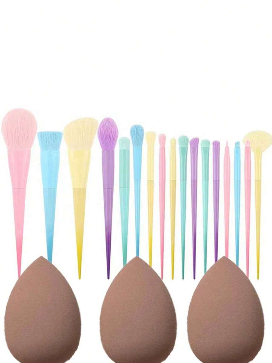 YUEOOIU 20-Piece Makeup Brush Set, Including 17 Macaron Makeup Brushes, Each With Its Own Protective Case, And 3 Dark Brown Water-Drop Makeup Pads, Premium Fiber Makeup Tools - Multicolor - View 1