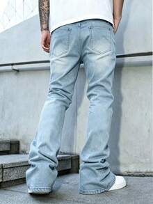 Men's Fashion Distressed Slightly Flared Washed Stretch Denim Jeans - Light Wash - View 2