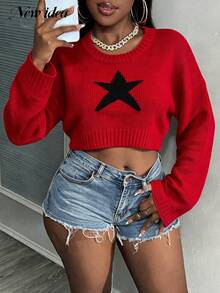 NEW IDEA Sweater Pendek Kasual Wanita Warna Merah untuk Musim Gugur dan Musim Dingin, Atasan Rajut Pendek Lengan Panjang Leher Bulat Motif Bintang Hitam untuk Sehari-hari, Jalan-jalan & Pesta - Merah - View 5