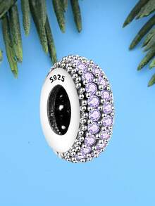 RADIVIDE 1pc 925 Sterling Silver Purple Cubic Zirconia Pave Spacer Bead DIY Bracelet Large Hole Bead Accessory - Silver - View 4