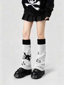 1 Pair Women's Y2K Gothic Style Knitted Wide Leg Leg Warmers, Winter Warm Leg Warmers - Black - View 4