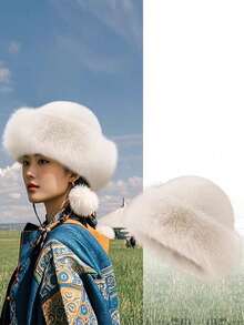1Pair Unisex Thick Faux Fur Trim Winter Bucket Hat, Warm Wind‑Resistant Mongolian Snow Cap For Outdoor Travel - Men's a - View 5