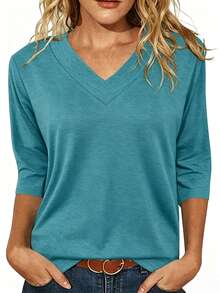 3pcs Solid Color Women's Basic V-Neck 3/4 Sleeve T-Shirt, Casual Loose Fit, Solid Color, Cotton, Autumn Fashion Top - Multicolor - View 4
