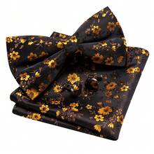 4Pcs Men Khaki Small Floral Jacquard Bow Tie Pocket Square Cufflinks Brooch Set For Wedding Business Party - Khaki - View 3