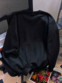 Halloween Y2K Streetwear Leopard Ghost + English Graphic Black Crew Neck Sweatshirt, Oversized Top For Back To School - Black - View 6