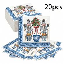 20/40/60Pcs,Nutcracker Soldier Disposable Paper Dinner Napkins,2-Ply Blue White Porcelain Border Topiary Tree Red Bow Print Dessert Tissues,Party Tableware Supply For Winter Holiday Party,Nutcracker Ballet Event,Winter Family Photoshoot,6.5*6.5 Inch - Multicolor - View 10