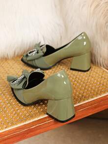 Giày cao gót Mary Jane nữ size lớn, gót vuông dày, mũi vuông, đính nơ đá rhinestone, màu xanh ô liu, phong cách vintage thời trang, kiểu preppy, phù hợp đi tiệc và đi làm - Màu xanh Ô liu - Xem 7